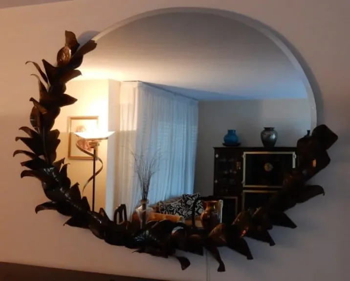 1970/80′ Miroir Éclairant Décor Bambou au Feuillage Style Duval Brasseur Par Barbier Pour Maison Jansen 180 X 140 cm Pièce Unique De Commande