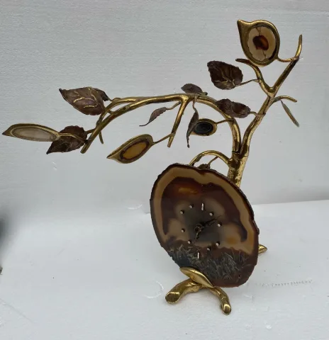 1970′ Illuminating Clock With Agate Leaves By FAURE, FERNANDEZ or DUVAL BRASSEUR For HONORE PARIS