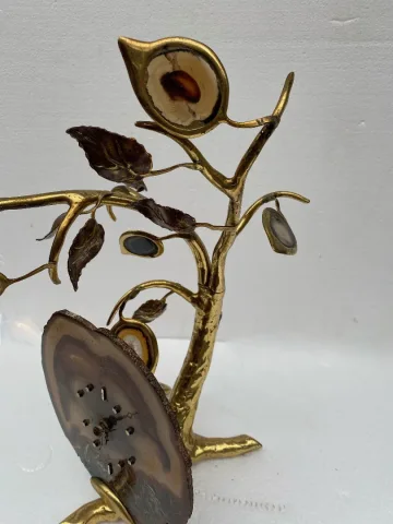 1970′ Illuminating Clock With Agate Leaves By FAURE, FERNANDEZ or DUVAL BRASSEUR For HONORE PARIS