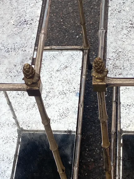 1950s Pair of Maison Baguès Tables with Silvered Bronze Bamboo Design and Aged Oxidized Mirror Tops
