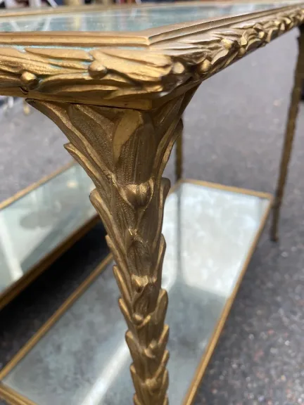 1950s Pair of Maison Baguès Tables with Silvered Bronze Bamboo Design and Aged Oxidized Mirror Tops
