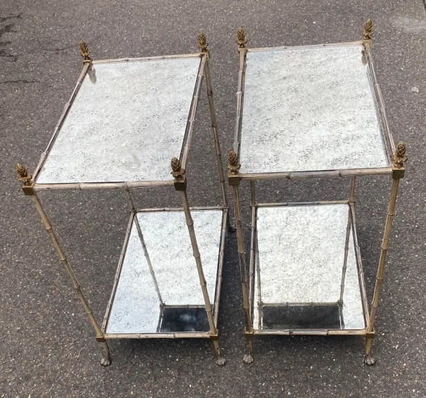 1950s Pair of Maison Baguès Tables with Silvered Bronze Bamboo Design and Aged Oxidized Mirror Tops