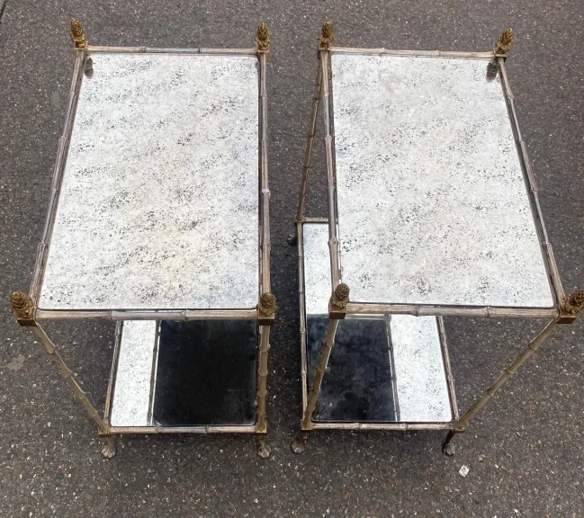 1950s Pair of Maison Baguès Tables with Silvered Bronze Bamboo Design and Aged Oxidized Mirror Tops