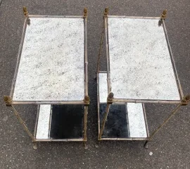 1950′ Paire de Tables Maison Baguès Décor Bambou en Bronze Argenté Avec Plateaux Miroirs Oxydés Vieilli