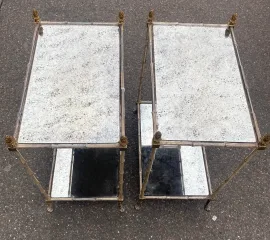 1950s Pair of Maison Baguès Tables with Silvered Bronze Bamboo Design and Aged Oxidized Mirror Tops