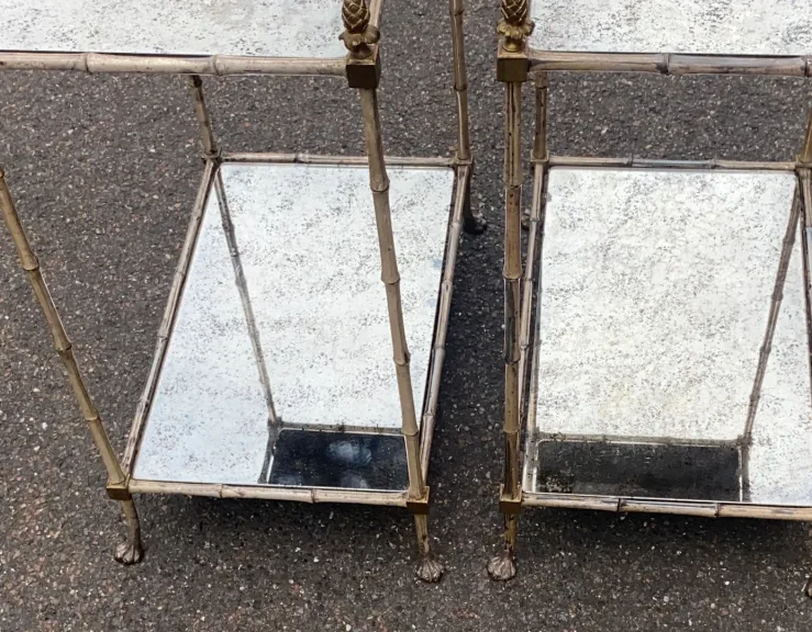 1950s Pair of Maison Baguès Tables with Silvered Bronze Bamboo Design and Aged Oxidized Mirror Tops