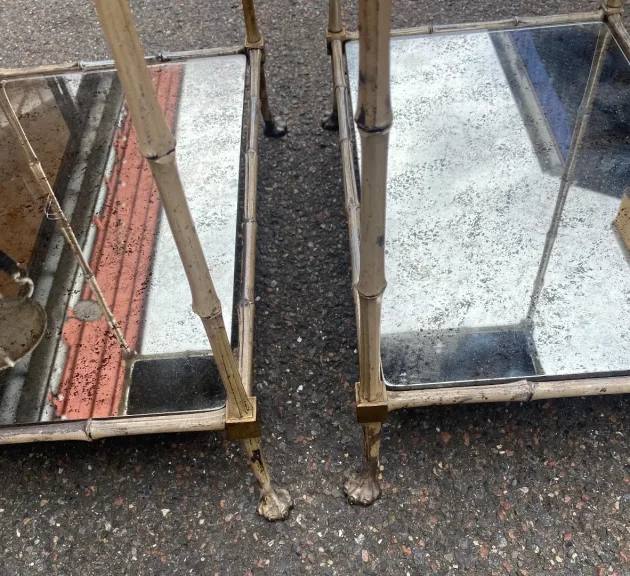 1950s Pair of Maison Baguès Tables with Silvered Bronze Bamboo Design and Aged Oxidized Mirror Tops