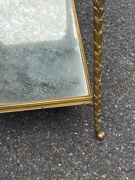 1950s Pair of Maison Baguès Tables with Silvered Bronze Bamboo Design and Aged Oxidized Mirror Tops