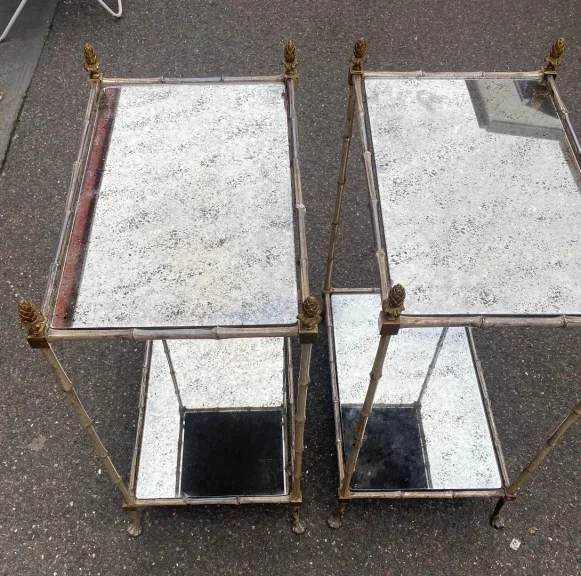 1950s Pair of Maison Baguès Tables with Silvered Bronze Bamboo Design and Aged Oxidized Mirror Tops