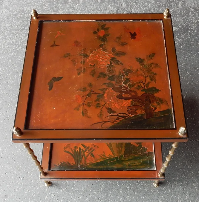 1950/70′ End of Sofa With Casters, Bronze Bamboo Decor, Chinese Lacquer Tray Maison Baguès Style