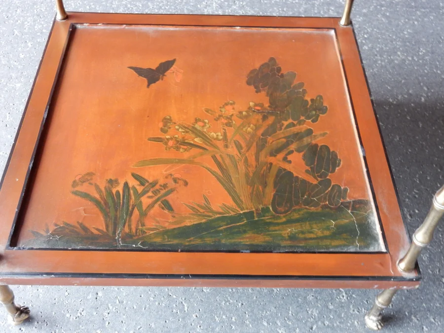 1950/70′ End of Sofa With Casters, Bronze Bamboo Decor, Chinese Lacquer Tray Maison Baguès Style