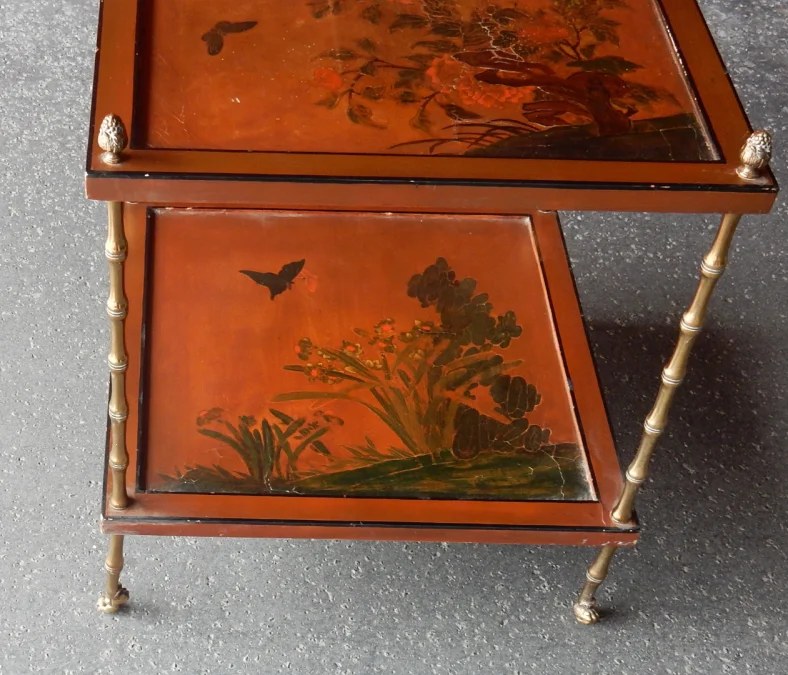 1950/70′ End of Sofa With Casters, Bronze Bamboo Decor, Chinese Lacquer Tray Maison Baguès Style