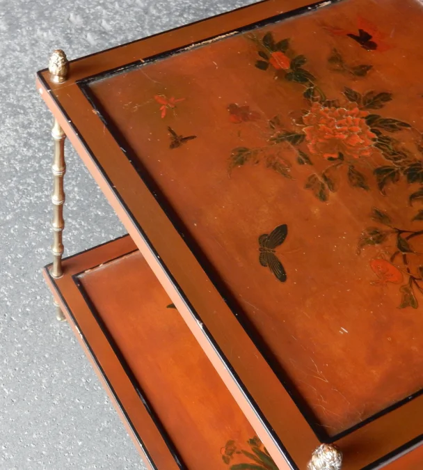 1950/70′ End of Sofa With Casters, Bronze Bamboo Decor, Chinese Lacquer Tray Maison Baguès Style