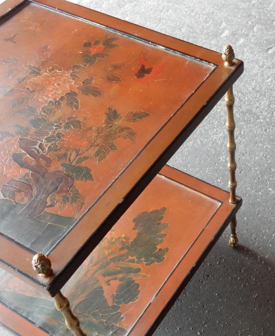 1950/70′ End of Sofa With Casters, Bronze Bamboo Decor, Chinese Lacquer Tray Maison Baguès Style