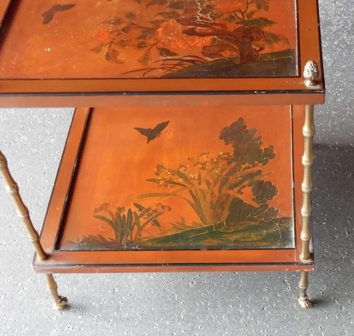 1950/70′ End of Sofa With Casters, Bronze Bamboo Decor, Chinese Lacquer Tray Maison Baguès Style