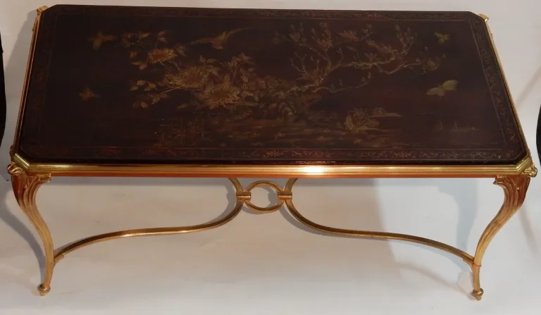 1940/50 Coffee Table Chinese Lacquer Tray Maison Baguès in Gilt Bronze