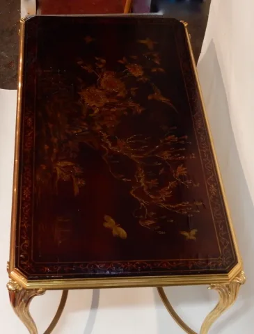 1940/50 Table Basse Plateau Laque de Chine Maison Baguès en Bronze Doré