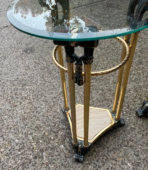 1970′ Pair of Patinated Bronze and Gilded Metal Pedestal Tables in the Style of Weisweiler