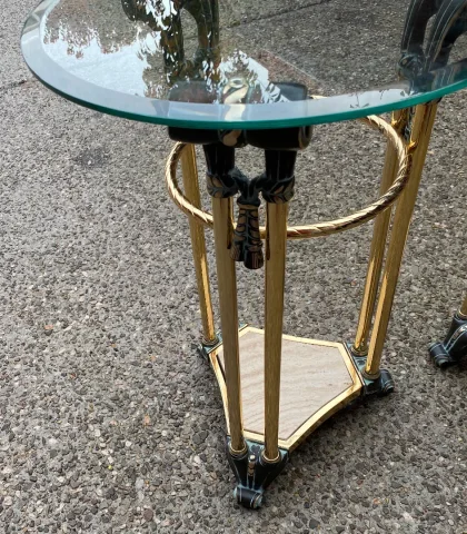 1970′ Pair of Patinated Bronze and Gilded Metal Pedestal Tables in the Style of Weisweiler