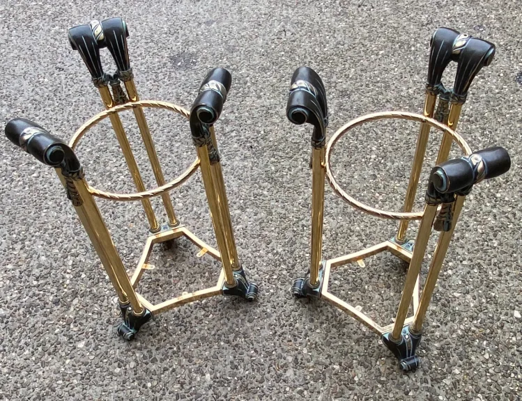 1970′ Pair of Patinated Bronze and Gilded Metal Pedestal Tables in the Style of Weisweiler