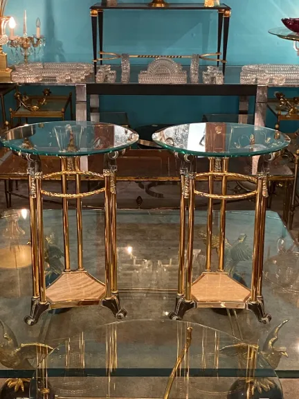 1970′ Pair of Patinated Bronze and Gilded Metal Pedestal Tables in the Style of Weisweiler
