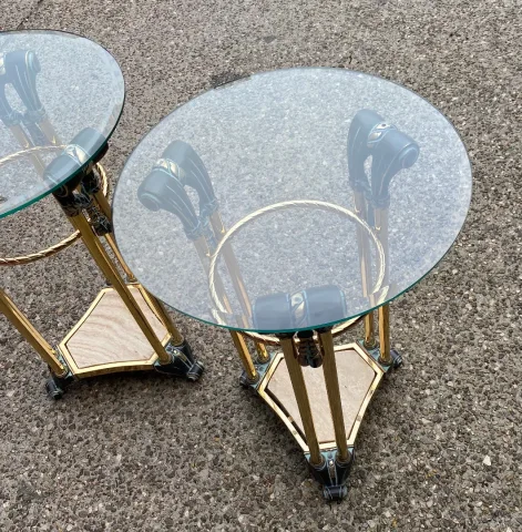 1970′ Pair of Patinated Bronze and Gilded Metal Pedestal Tables in the Style of Weisweiler