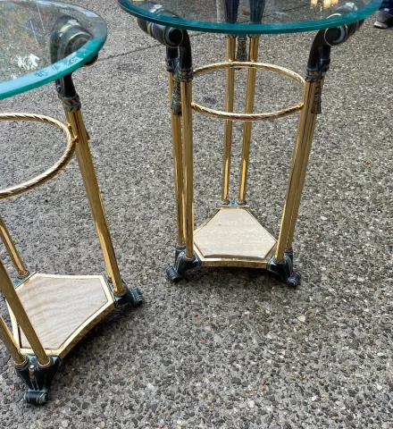 1970′ Pair of Patinated Bronze and Gilded Metal Pedestal Tables in the Style of Weisweiler