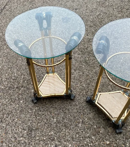 1970′ Pair of Patinated Bronze and Gilded Metal Pedestal Tables in the Style of Weisweiler