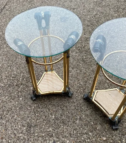 1970′ Pair of Patinated Bronze and Gilded Metal Pedestal Tables in the Style of Weisweiler