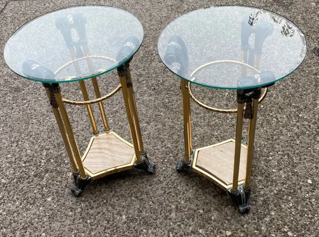 1970′ Pair of Patinated Bronze and Gilded Metal Pedestal Tables in the Style of Weisweiler