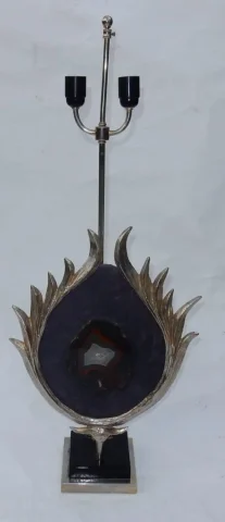 1970′ Lotus Decor Lamp, Silver Bronze, Shagreen, Agate, Duval Brasseur Unsigned