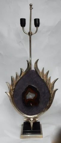 1970′ Lotus Decor Lamp, Silver Bronze, Shagreen, Agate, Duval Brasseur Unsigned