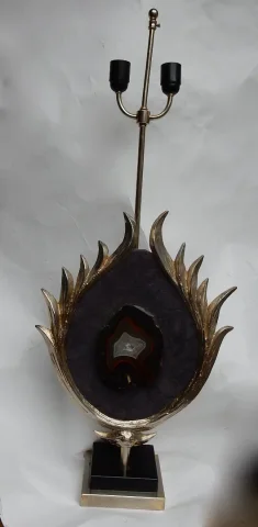 1970′ Lotus Decor Lamp, Silver Bronze, Shagreen, Agate, Duval Brasseur Unsigned