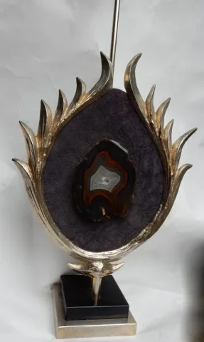 1970′ Lotus Decor Lamp, Silver Bronze, Shagreen, Agate, Duval Brasseur Unsigned