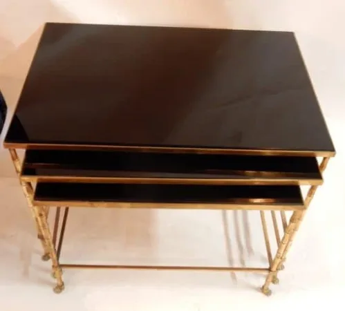 1970′ Series of 3 Nesting Tables Maison Baguès Bamboo Model 3 Black Opaline Trays