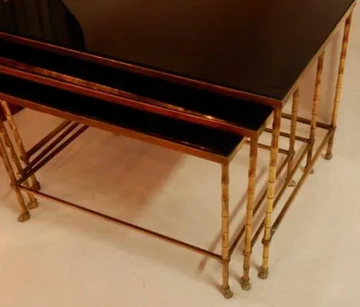 1970′ Series of 3 Nesting Tables Maison Baguès Bamboo Model 3 Black Opaline Trays