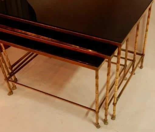1970′ Série de 3 Tables Gigognes Maison Baguès Modèle Bambou 3 Plateaux Opaline Noire