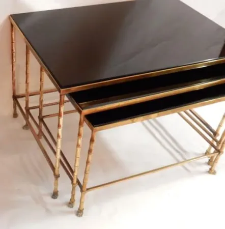 1970′ Series of 3 Nesting Tables Maison Baguès Bamboo Model 3 Black Opaline Trays