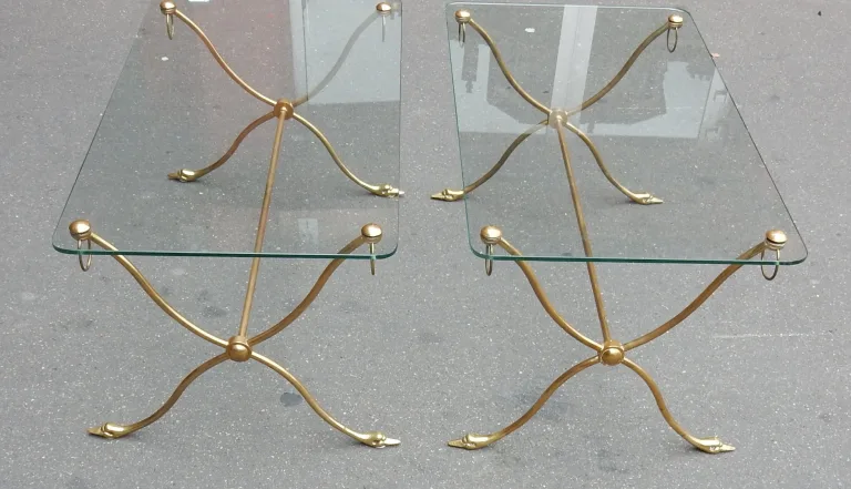 1970′ Pair of Brass Swan Head Tables With Glass Tops