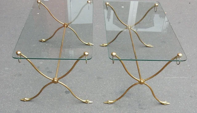 1970′ Pair of Brass Swan Head Tables With Glass Tops