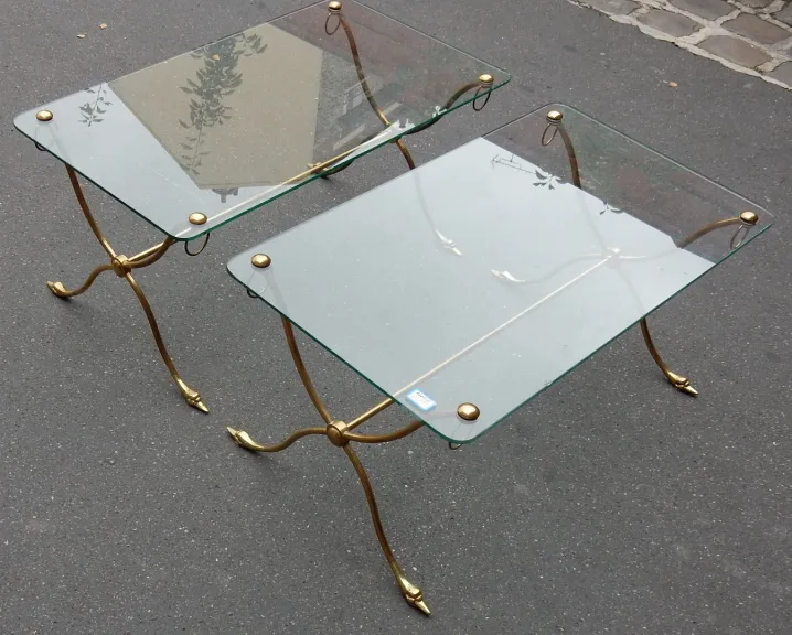 1970′ Pair of Brass Swan Head Tables With Glass Tops
