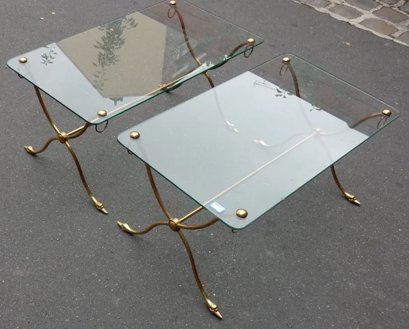 1970′ Pair of Brass Swan Head Tables With Glass Tops