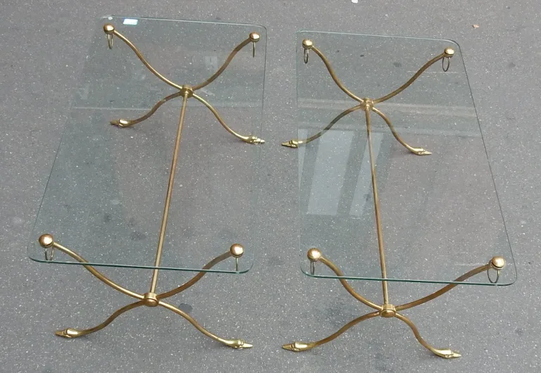 1970′ Pair of Brass Swan Head Tables With Glass Tops