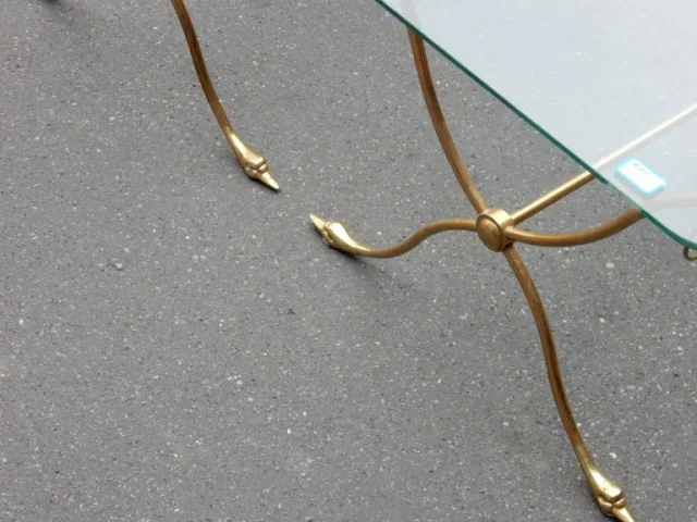 1970′ Pair of Brass Swan Head Tables With Glass Tops