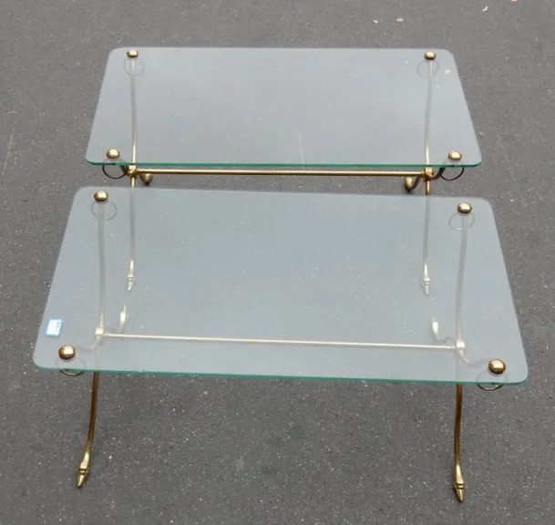 1970′ Pair of Brass Swan Head Tables With Glass Tops