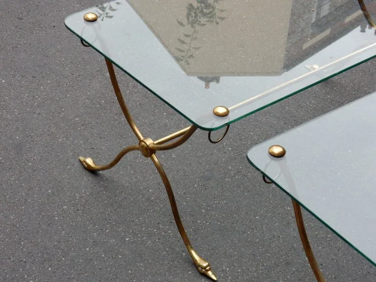 1970′ Pair of Brass Swan Head Tables With Glass Tops