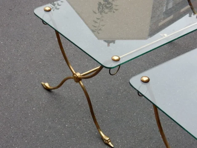 1970′ Pair of Brass Swan Head Tables With Glass Tops