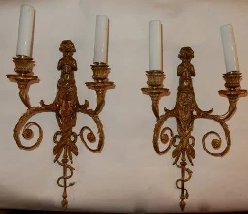 1880′ Pair of Bronze Sconces Children Playing 2 Trumpets Model by Jean HAURE