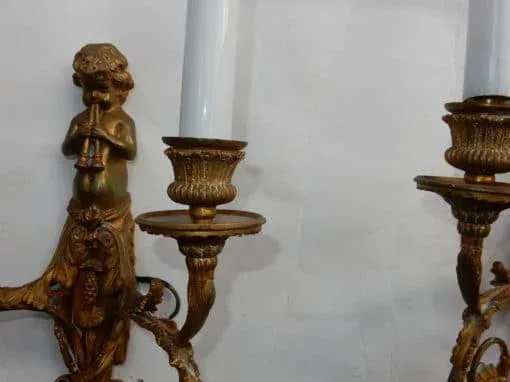 1880′ Pair of Bronze Sconces Children Playing 2 Trumpets Model by Jean HAURE