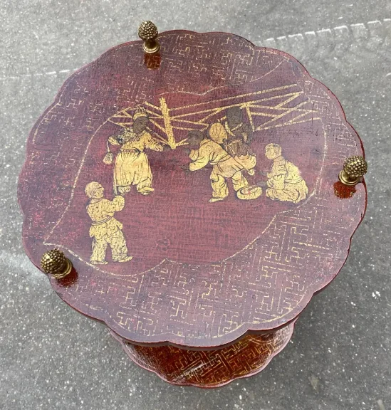1950/70′ Guéridon Maison Baguès Décor Bambou en Bronze Doré Avec Plateaux Laque de Chine Rouge Et Or